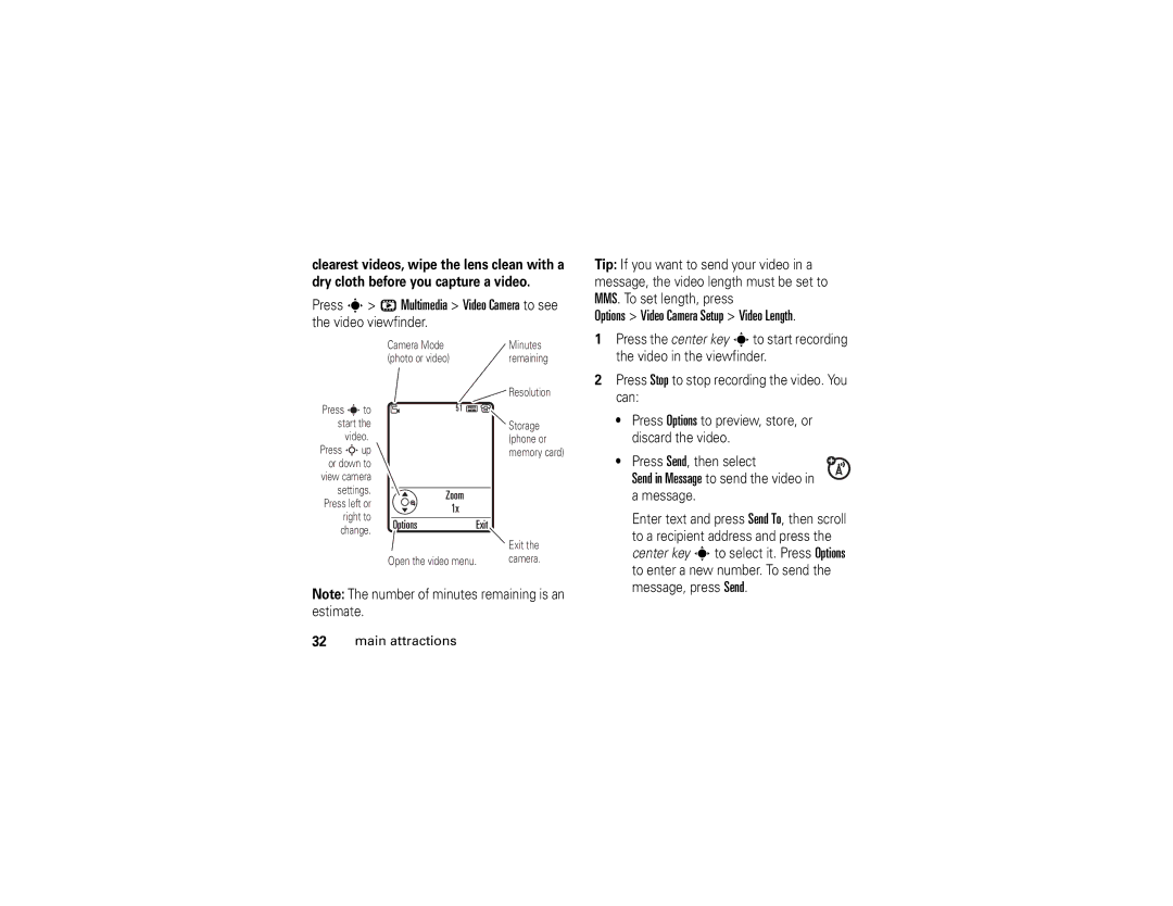 Motorola W510 manual Press s h Multimedia Video Camera to see, Options Video Camera Setup Video Length 