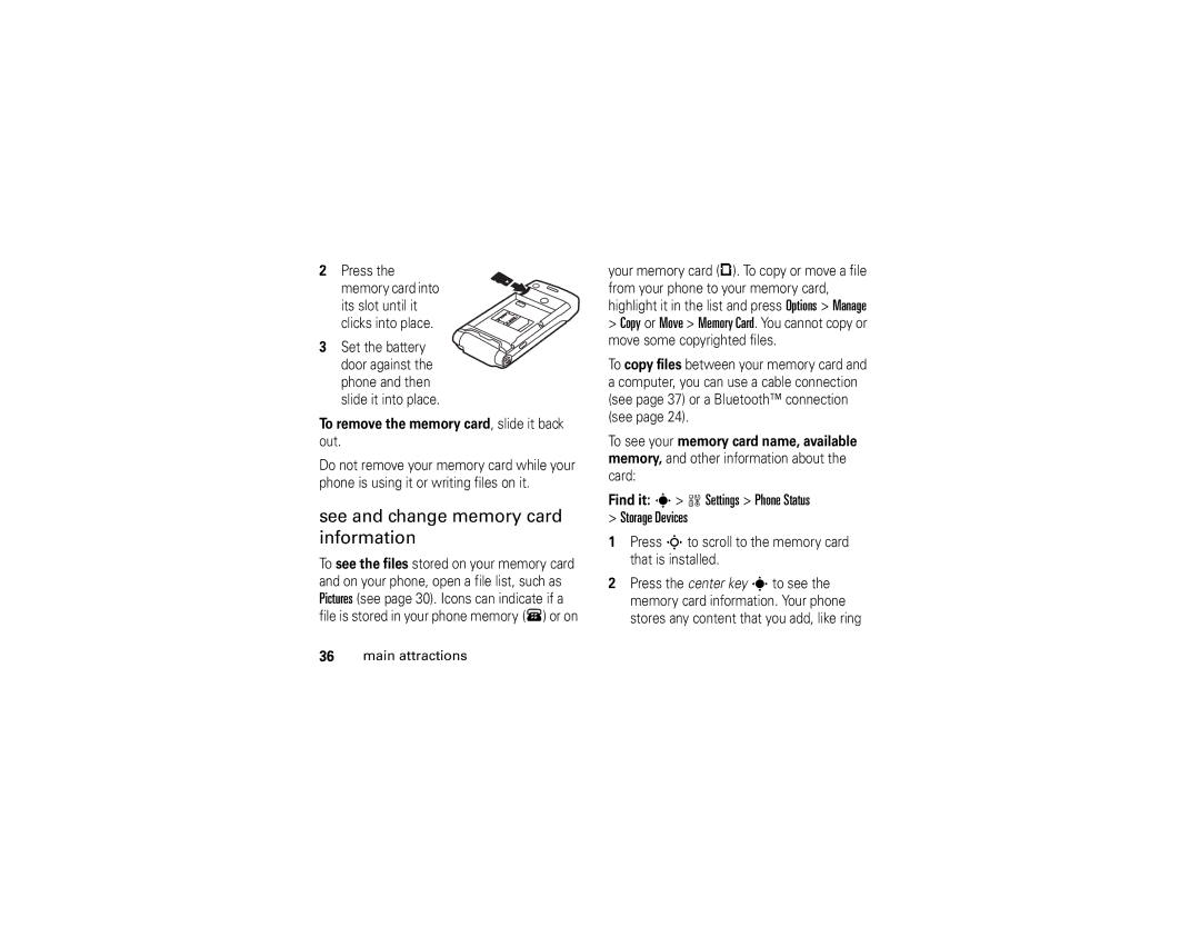 Motorola W510 manual See and change memory card information, Find it s w Settings Phone Status Storage Devices 