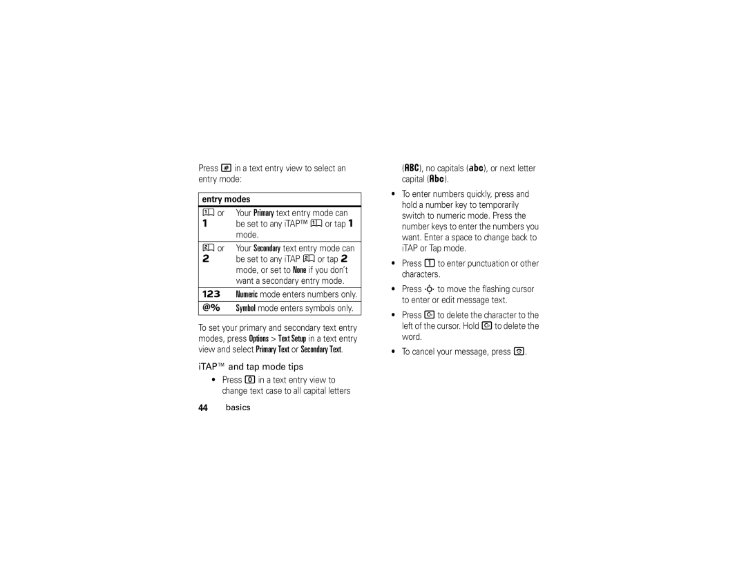 Motorola W510 manual ITAP and tap mode tips, Entry modes 