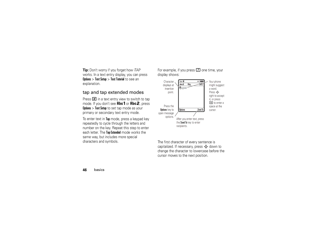 Motorola W510 manual Tap and tap extended modes, Options Text Setup Text Tutorial to see an 