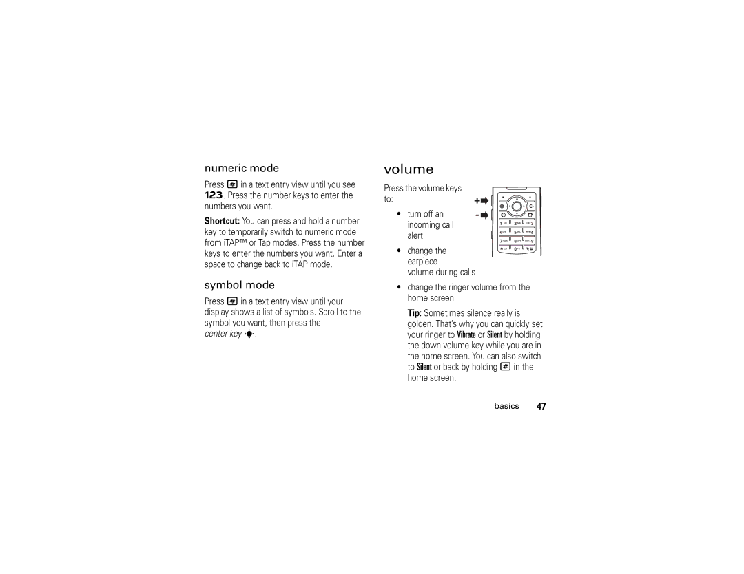 Motorola W510 manual Volume, Numeric mode, Symbol mode 