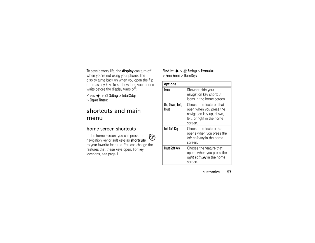 Motorola W510 manual Shortcuts and main menu, Home screen shortcuts 