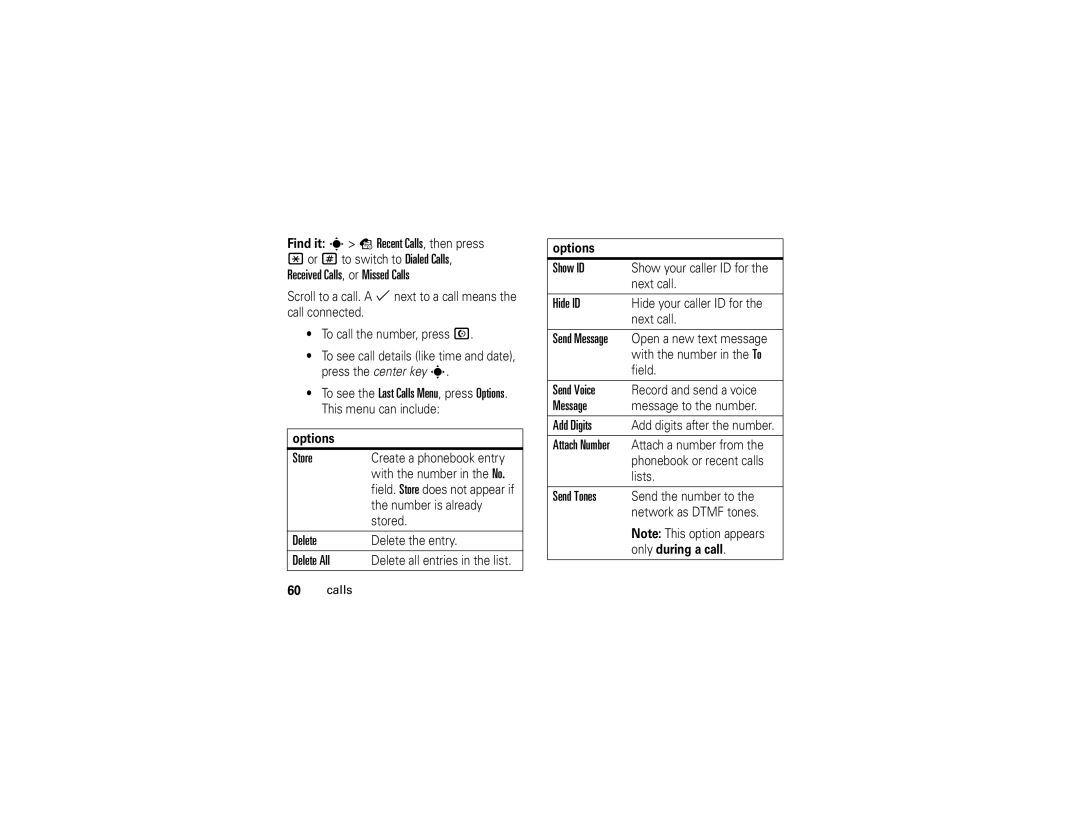 Motorola W510 Received Calls, or Missed Calls, Store, Delete All, Show ID, Hide ID, Send Voice, Message, Add Digits 