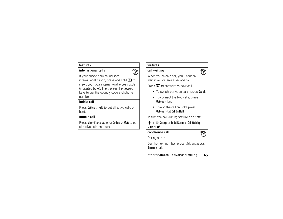 Motorola W510 manual Options Link, Options End Call On Hold, Settings In-Call Setup Call Waiting On or Off 