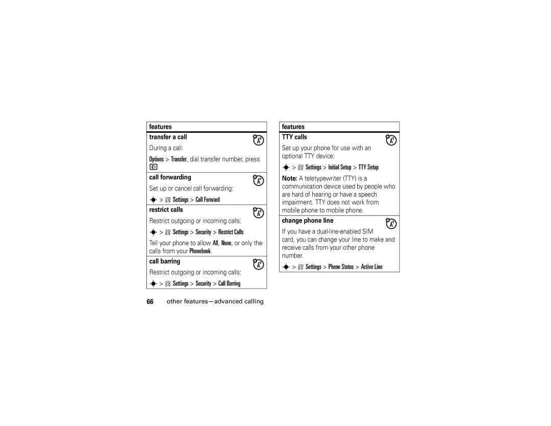 Motorola W510 manual Settings Call Forward, Settings Security Restrict Calls, Settings Security Call Barring 