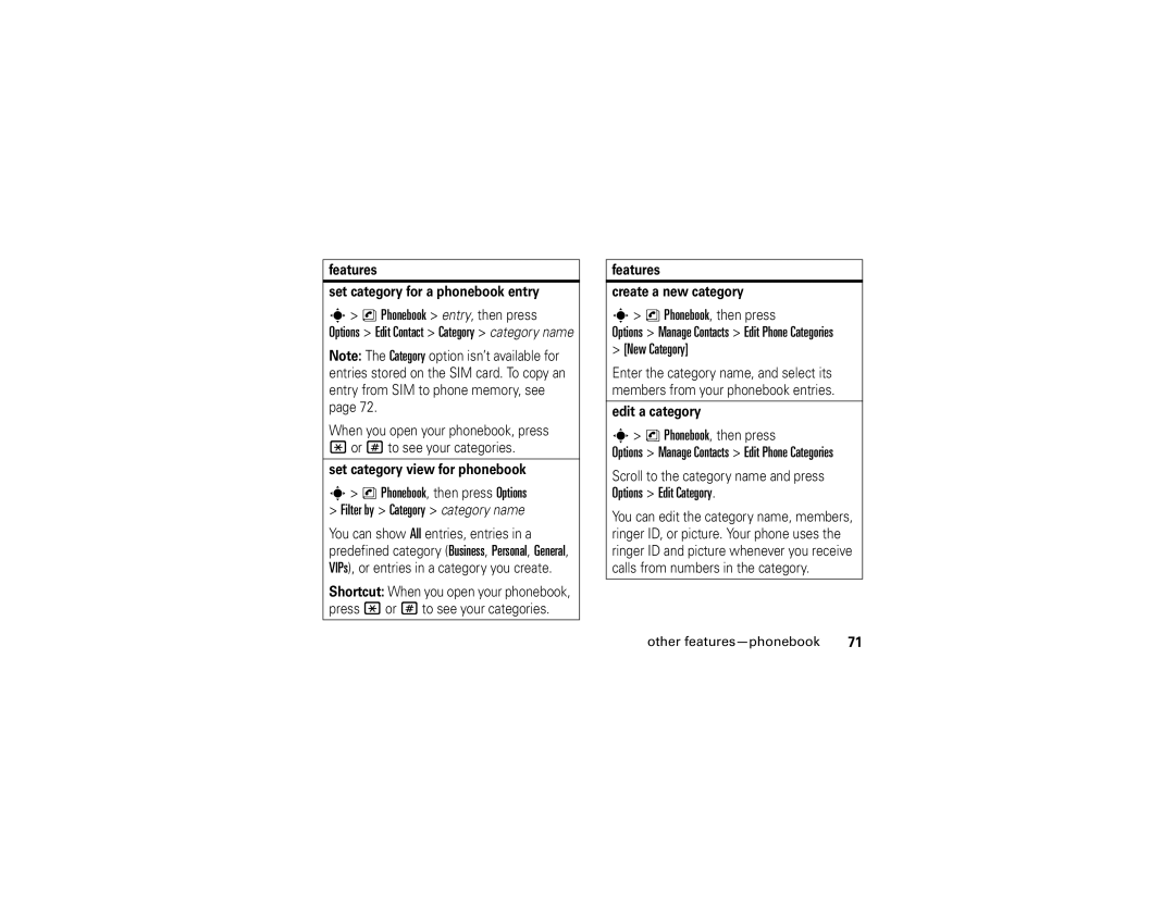 Motorola W510 New Category, Features Set category for a phonebook entry, Set category view for phonebook, Edit a category 