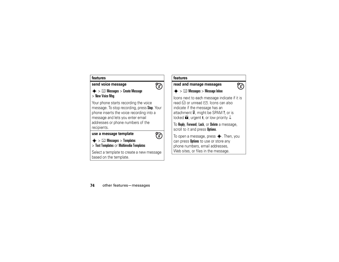 Motorola W510 manual Messages Create Message New Voice Msg, Messages Templates Text Templates or Multimedia Templates 