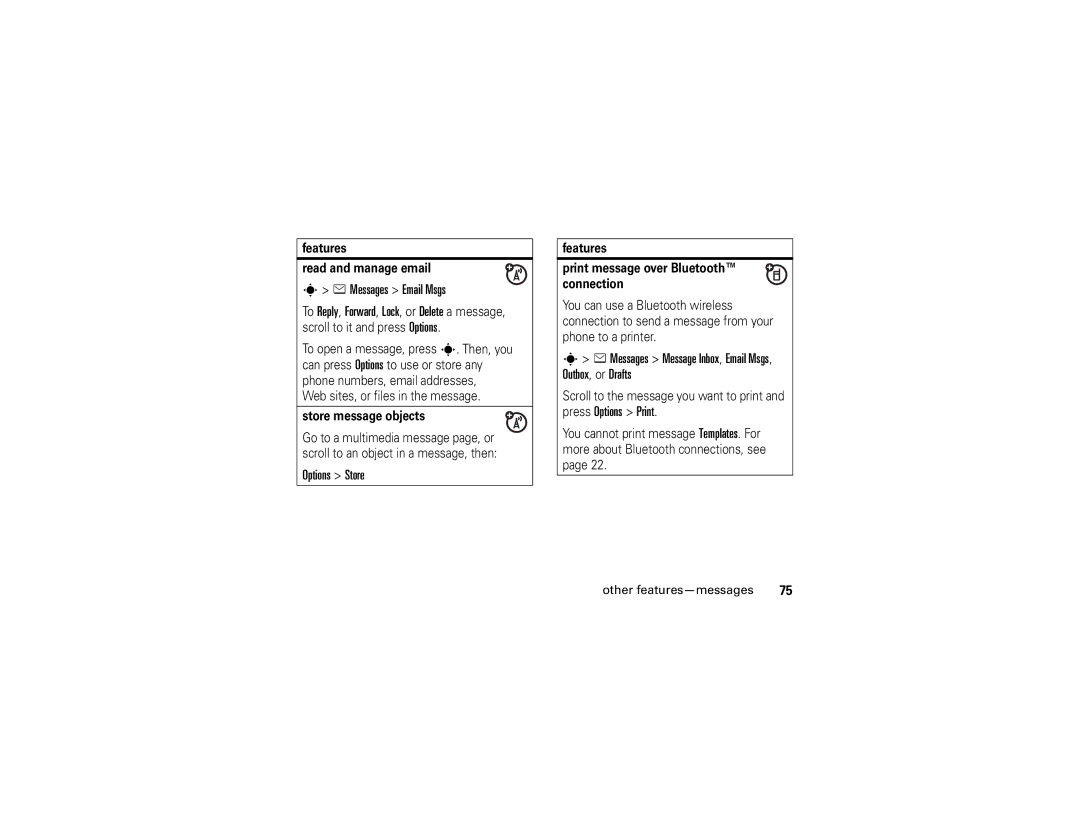 Motorola W510 manual Messages Email Msgs, Options Store, Messages Message Inbox, Email Msgs, Outbox, or Drafts 