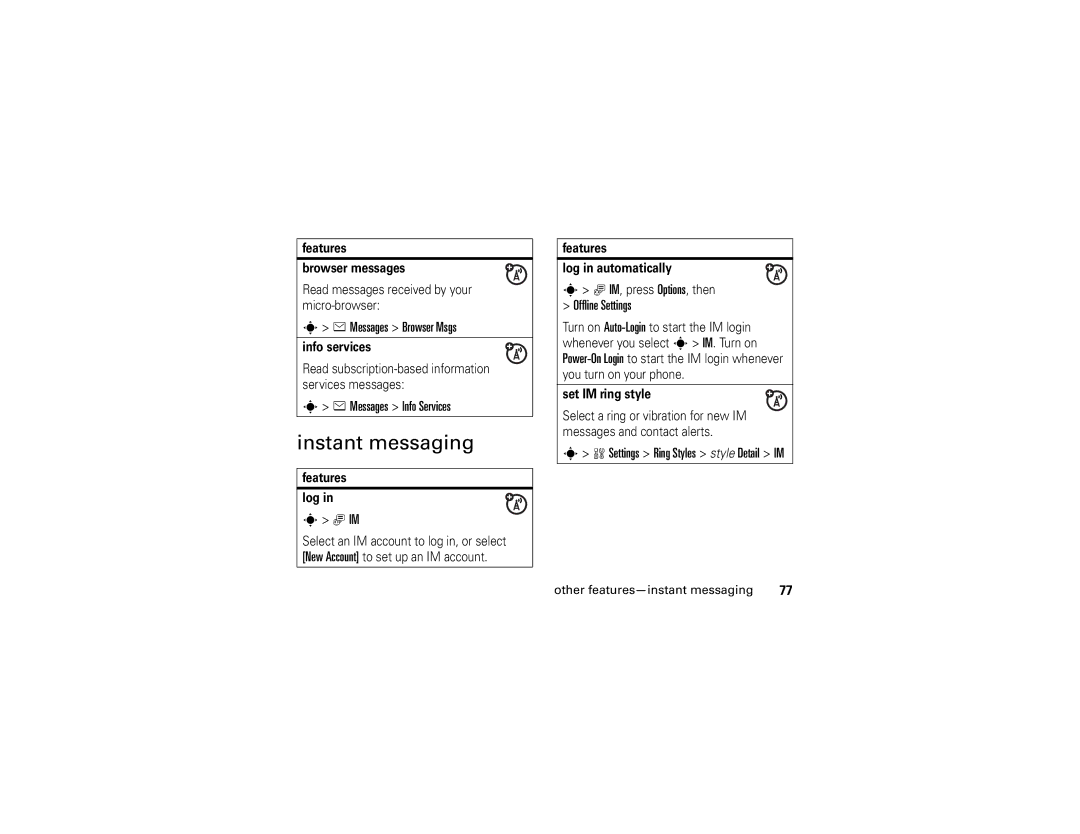 Motorola W510 manual Instant messaging, Messages Browser Msgs, Messages Info Services 