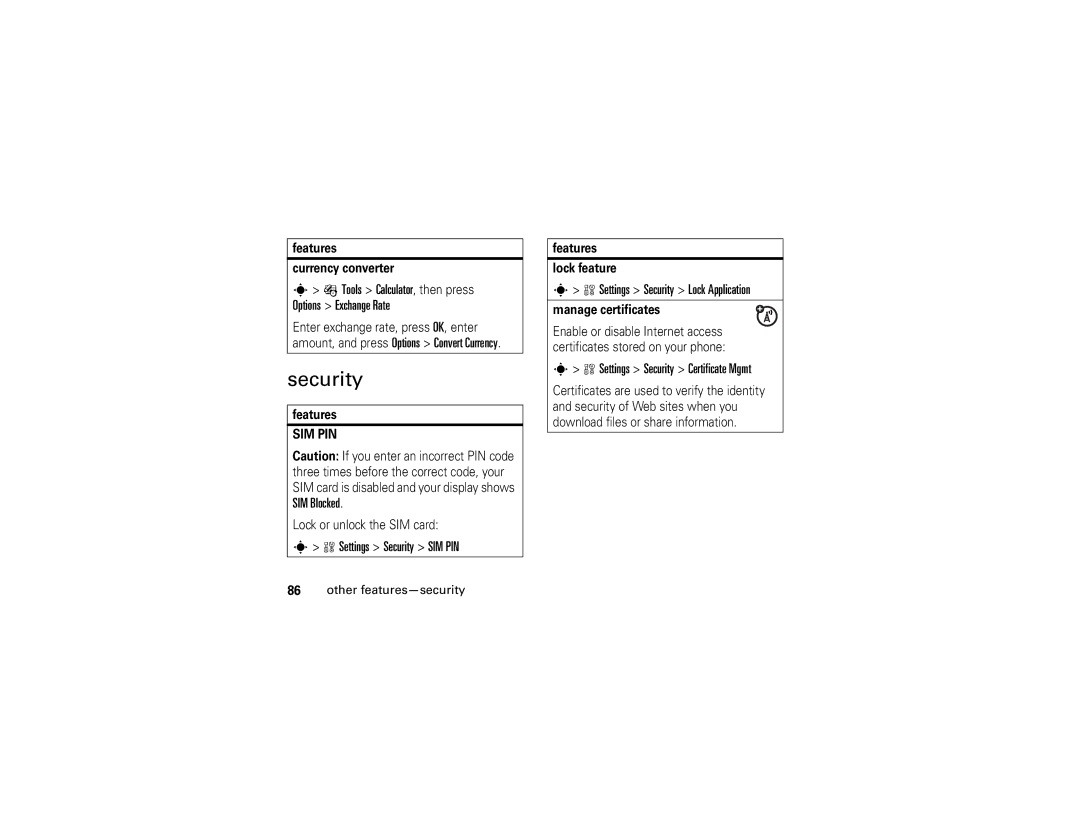 Motorola W510 manual Tools Calculator, then press Options Exchange Rate, Settings Security SIM PIN 