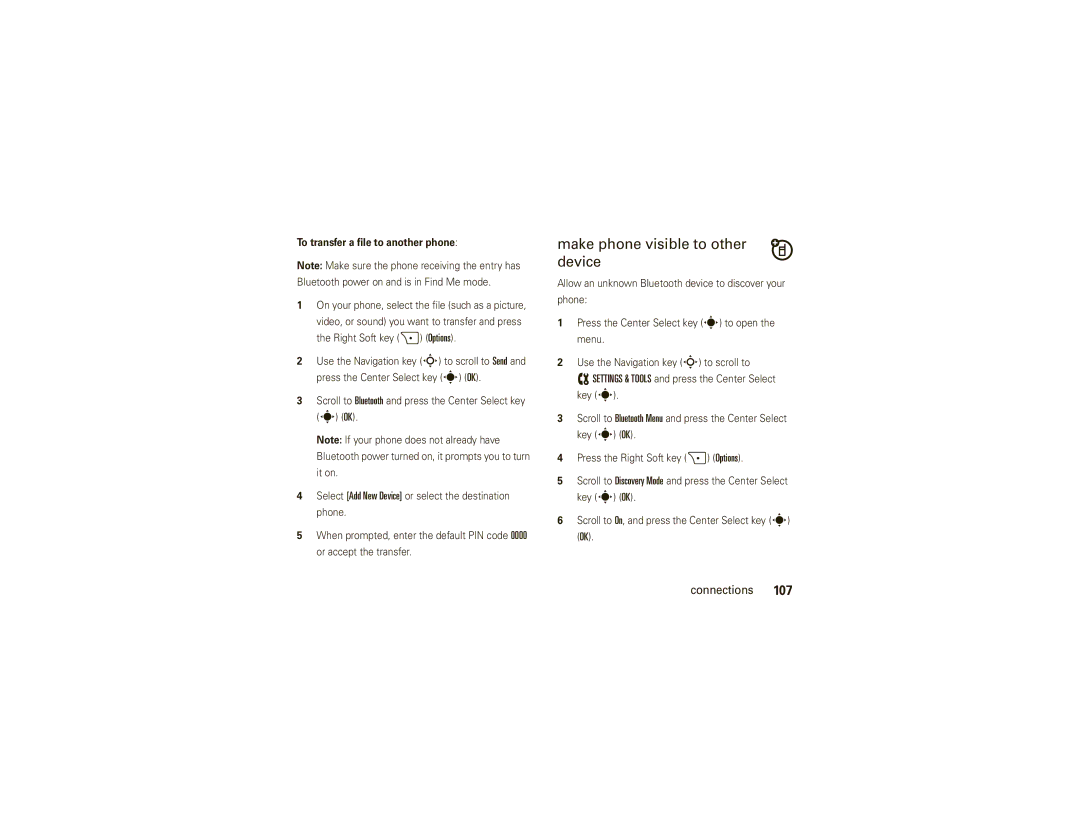 Motorola W755 manual Make phone visible to other device, To transfer a file to another phone 