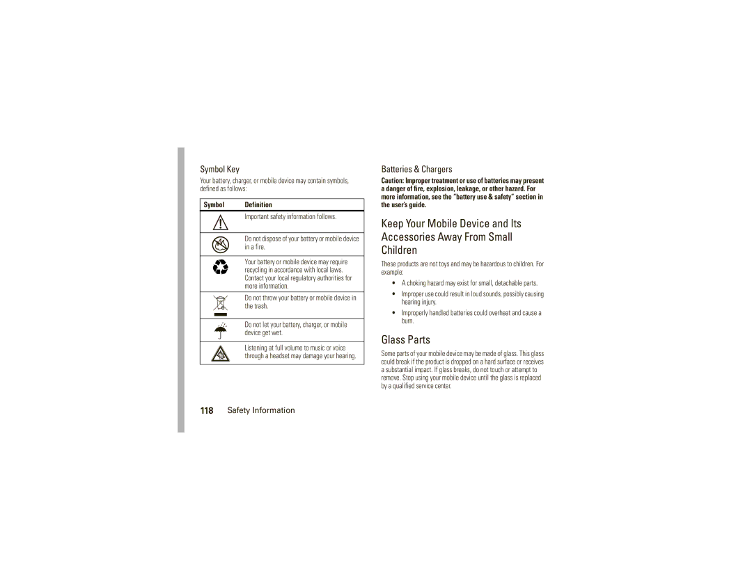 Motorola W755 manual Glass Parts, Symbol Definition, A fire 