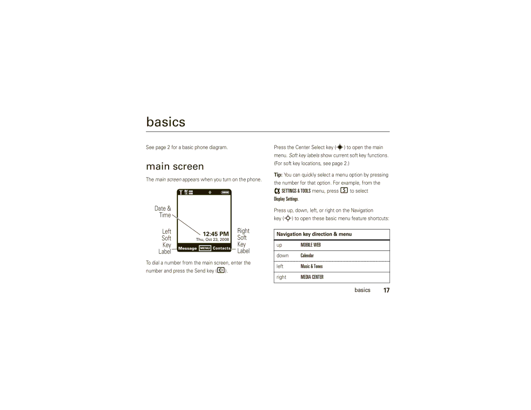 Motorola W755 manual Basics, Main screen 