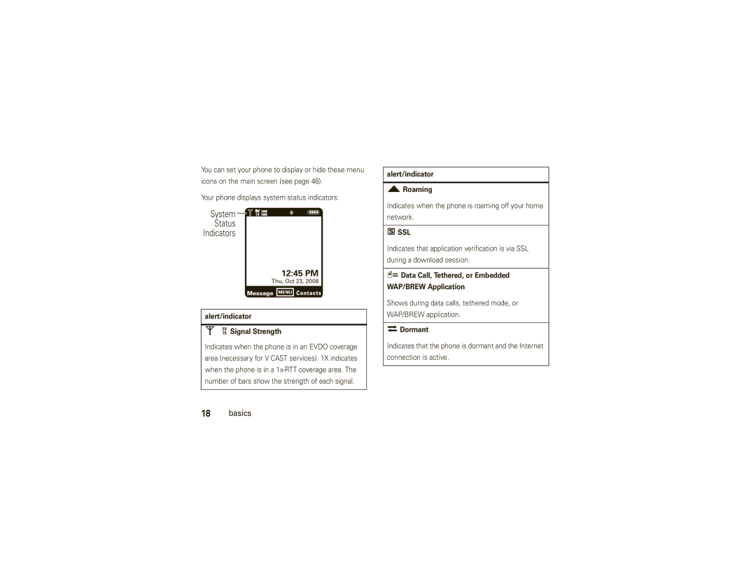 Motorola W755 manual Alert/indicator EV1X Signal Strength, Alert/indicator Roaming, Dormant 