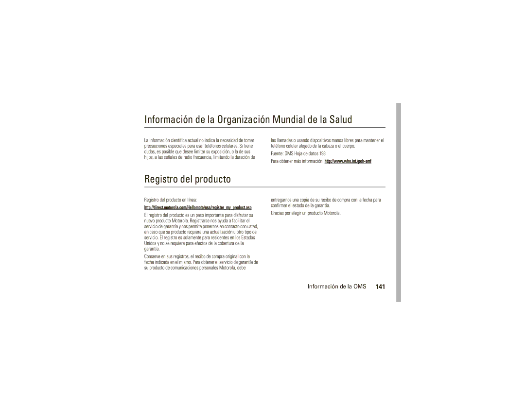 Motorola W755 manual Información de la Organización Mundial de la Salud, Registro del producto, Información de la OMS 