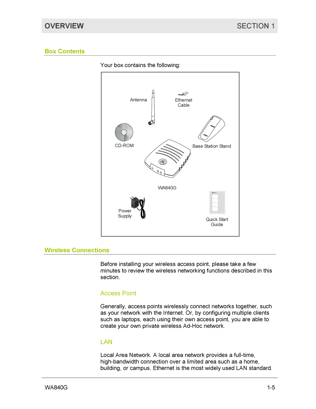 Motorola WA840G manual Box Contents, Wireless Connections 