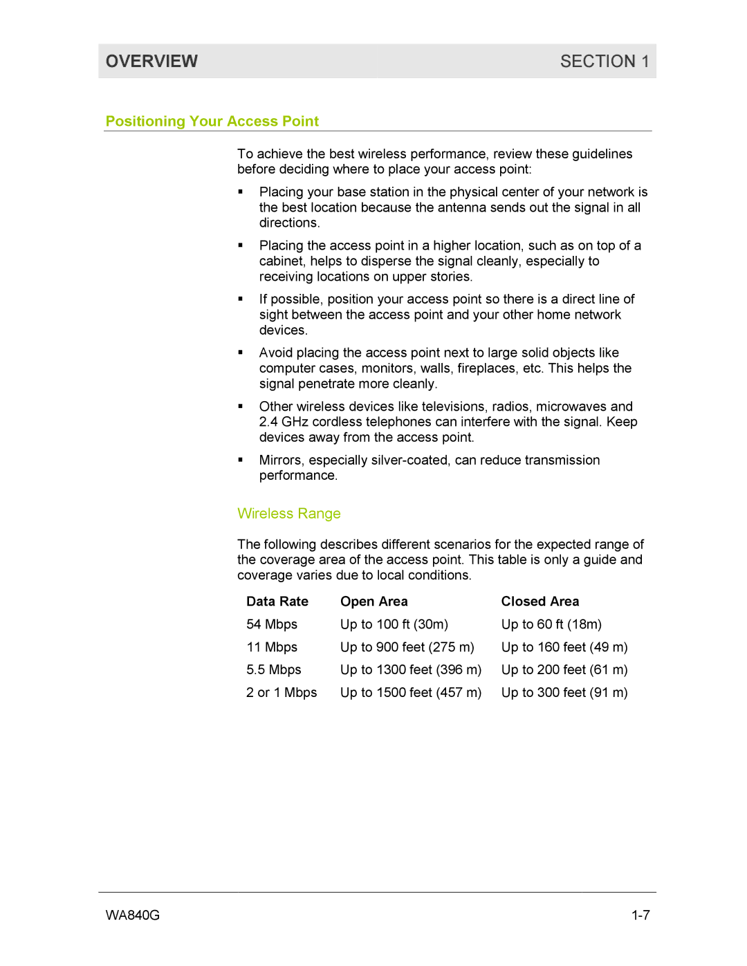 Motorola WA840G manual Positioning Your Access Point, Wireless Range, Data Rate Open Area, Closed Area 