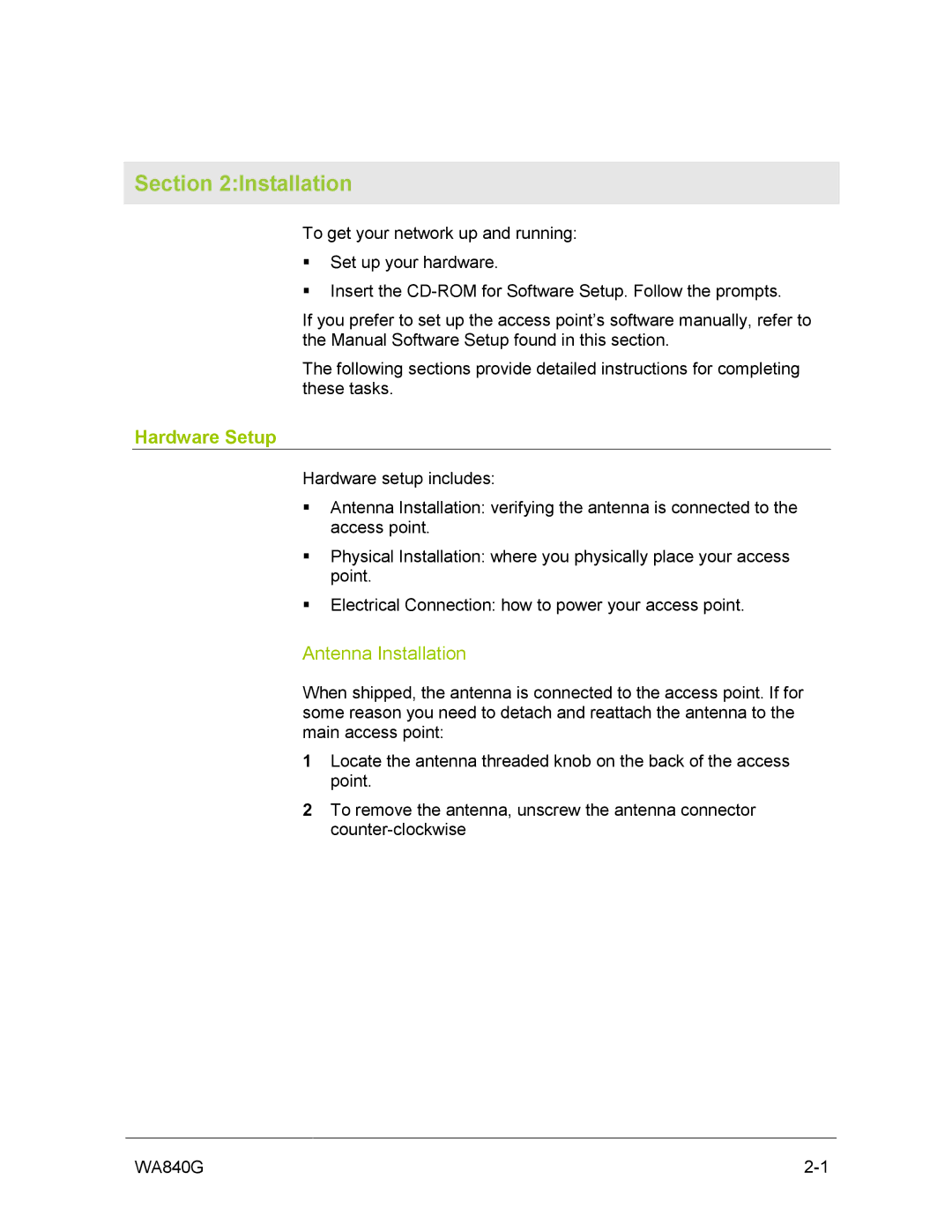 Motorola WA840G manual Hardware Setup, Antenna Installation 