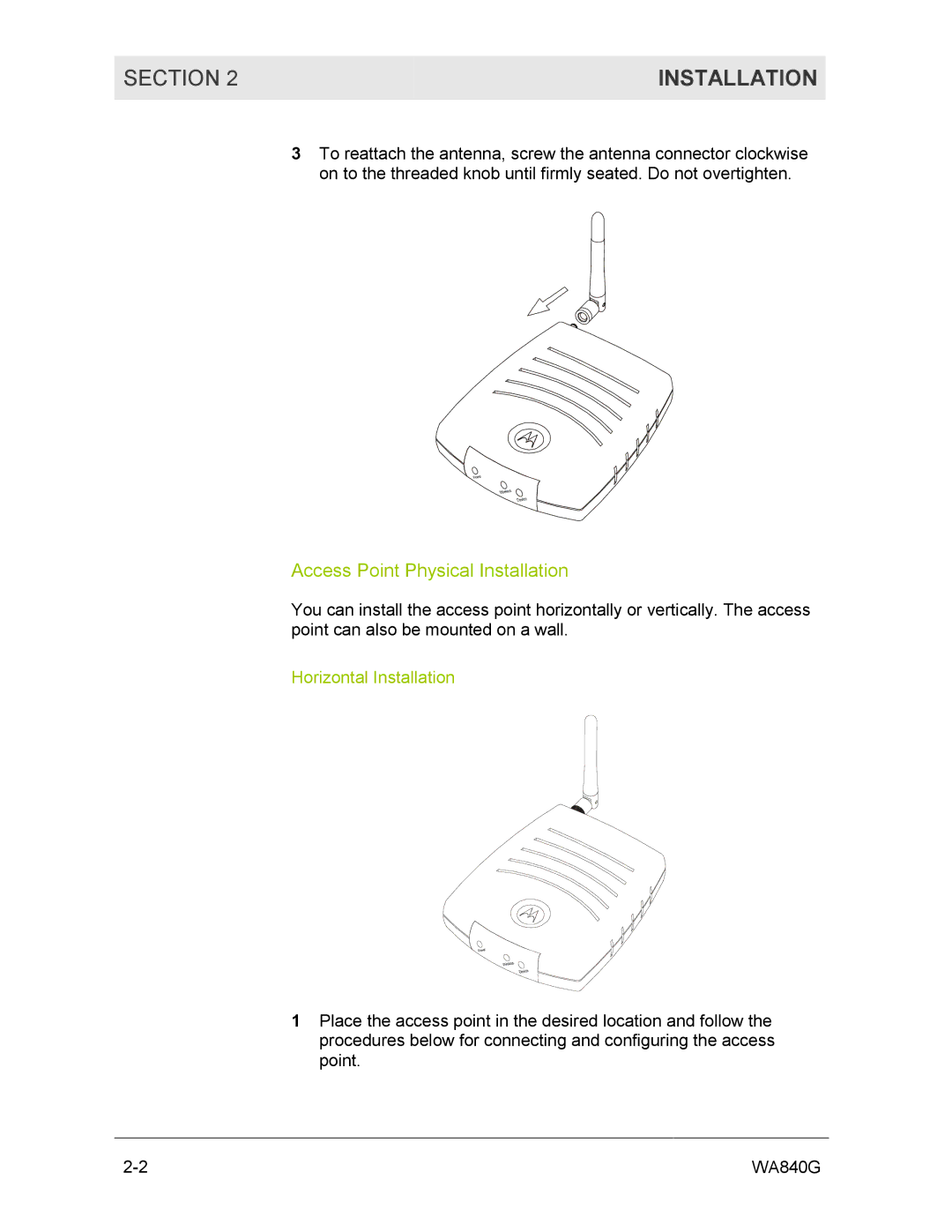 Motorola WA840G manual Access Point Physical Installation 