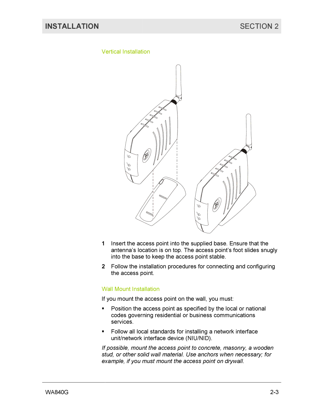 Motorola WA840G manual Installation Section, Vertical Installation 