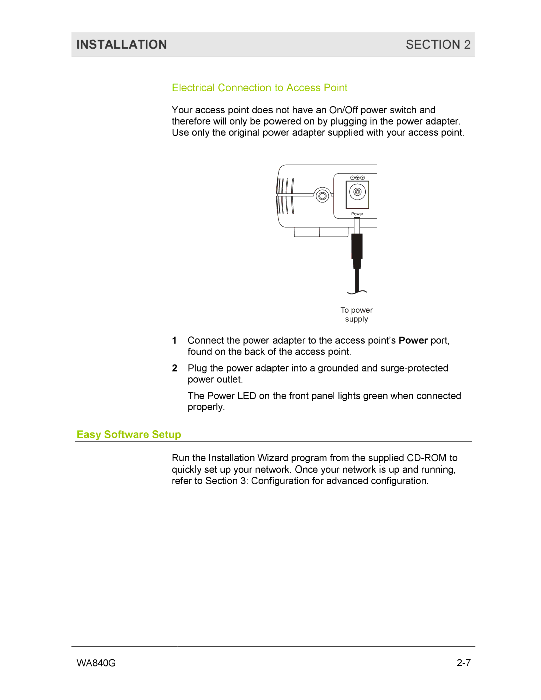 Motorola WA840G manual Electrical Connection to Access Point, Easy Software Setup 