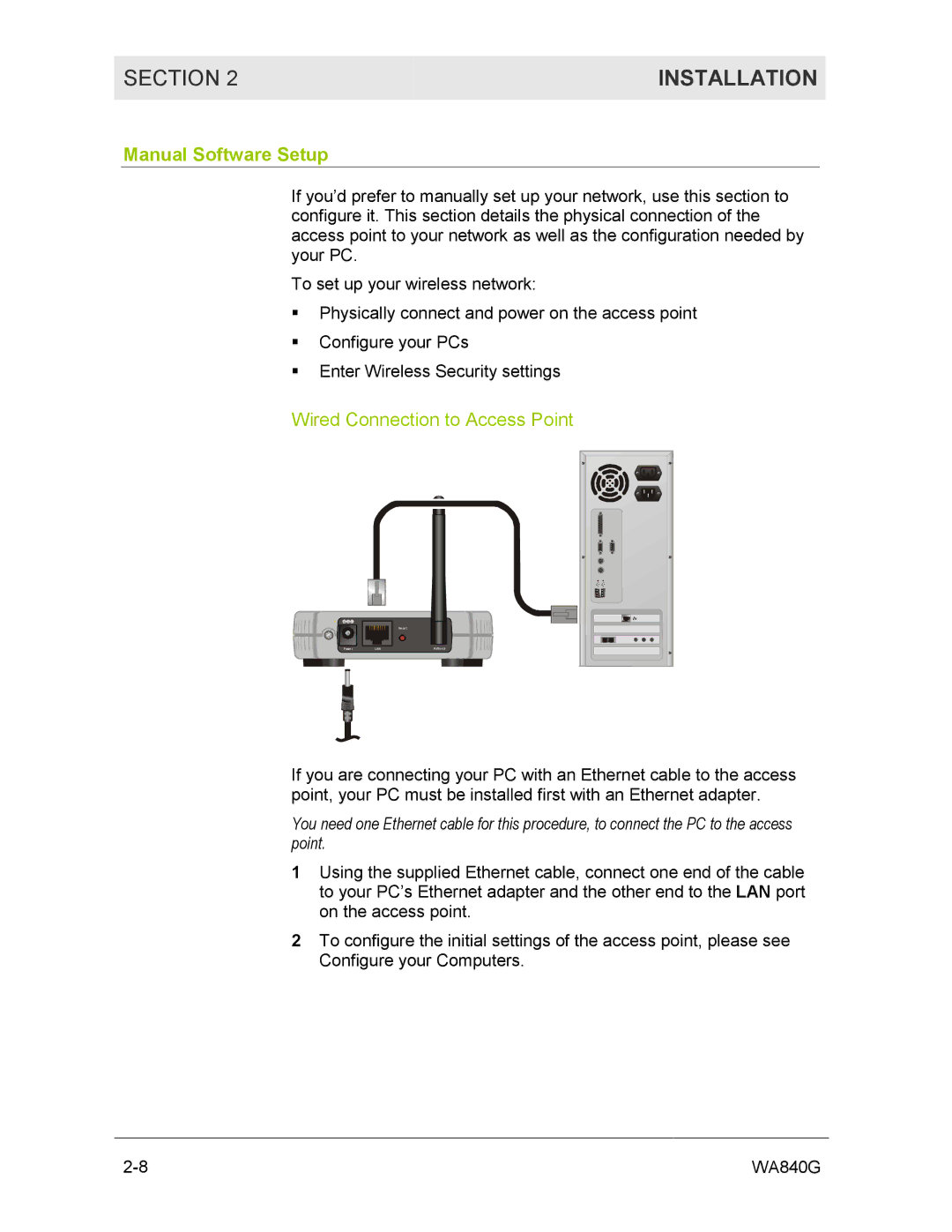 Motorola WA840G manual Manual Software Setup, Wired Connection to Access Point 