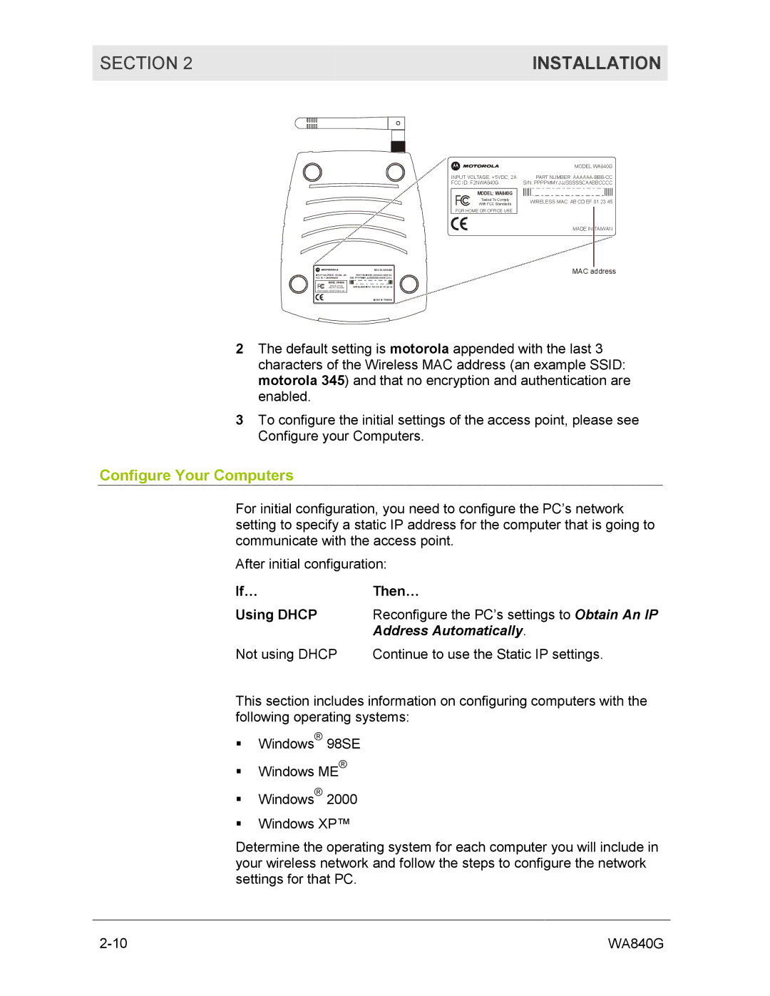 Motorola WA840G manual Configure Your Computers, Not using Dhcp Continue to use the Static IP settings 