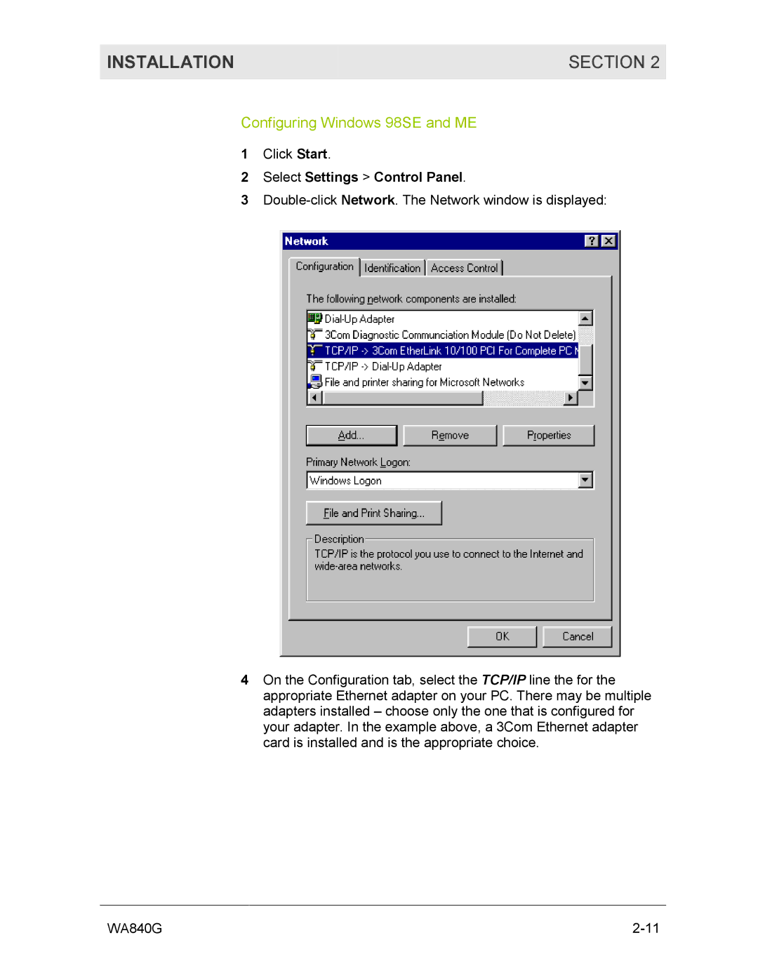 Motorola WA840G manual Configuring Windows 98SE and ME, Select Settings Control Panel 