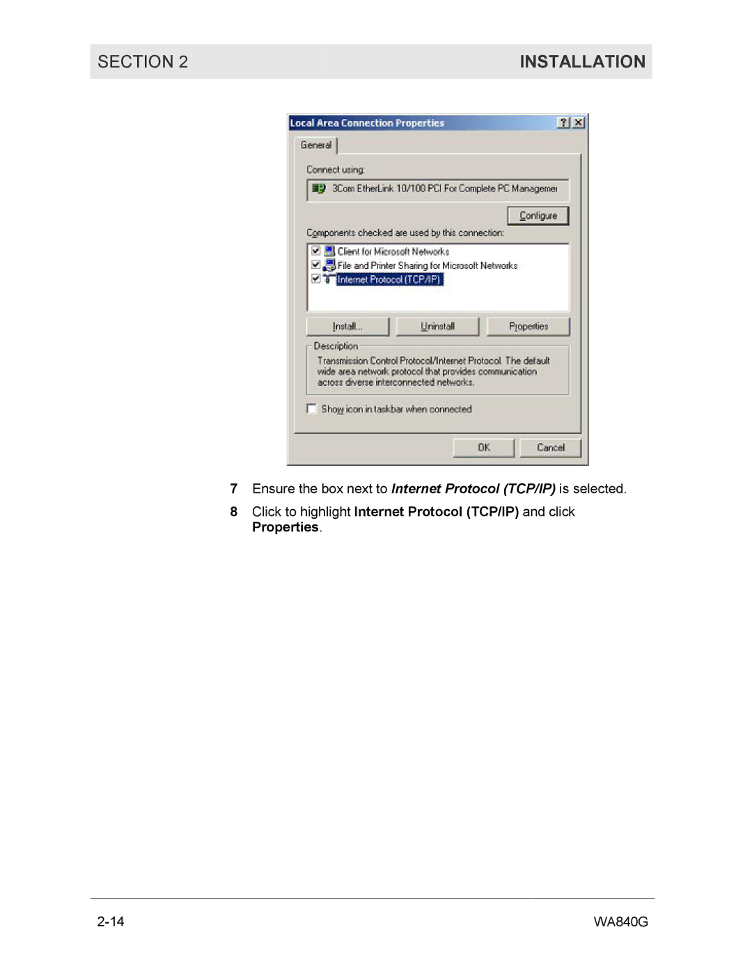 Motorola WA840G manual Ensure the box next to Internet Protocol TCP/IP is selected 