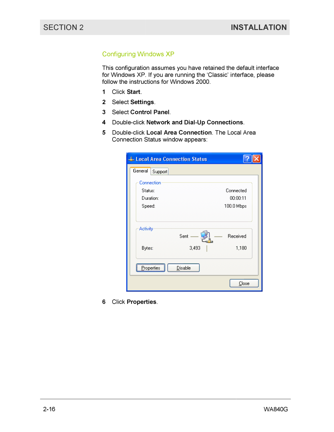 Motorola WA840G manual Configuring Windows XP, Click Properties 