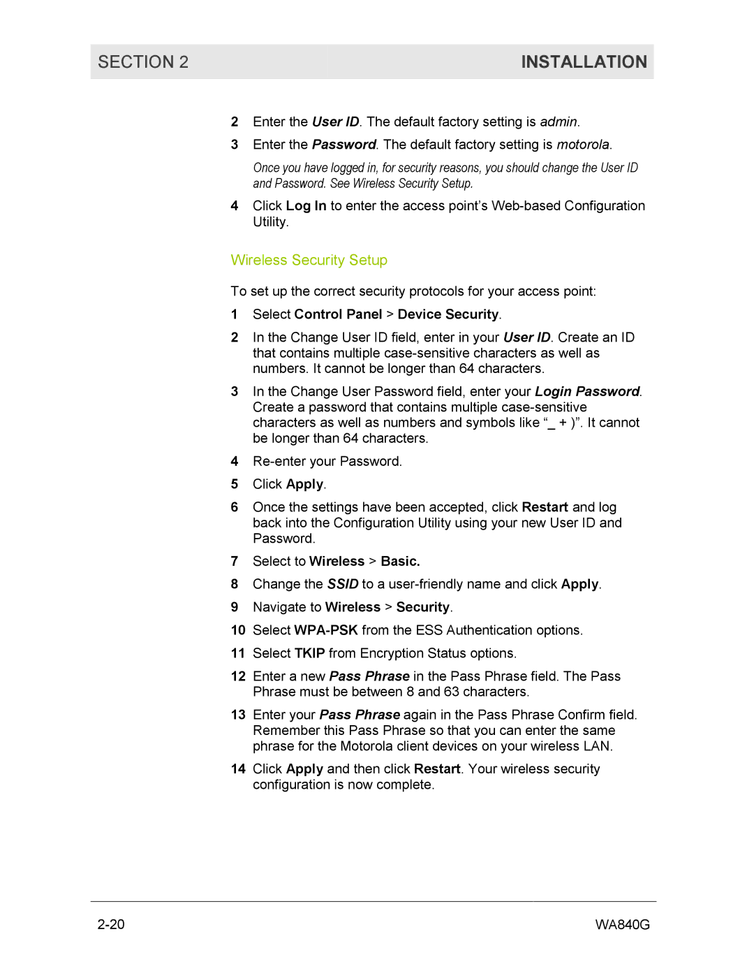Motorola WA840G manual Wireless Security Setup, Select Control Panel Device Security, Click Apply, Select to Wireless Basic 