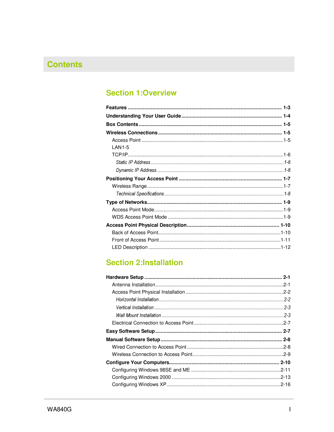 Motorola WA840G manual Contents 