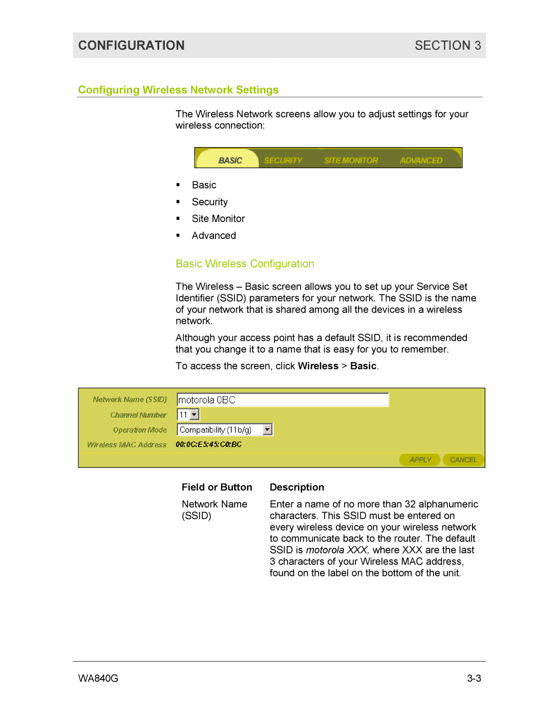 Motorola WA840G manual Configuration Section, Configuring Wireless Network Settings, Basic Wireless Configuration 