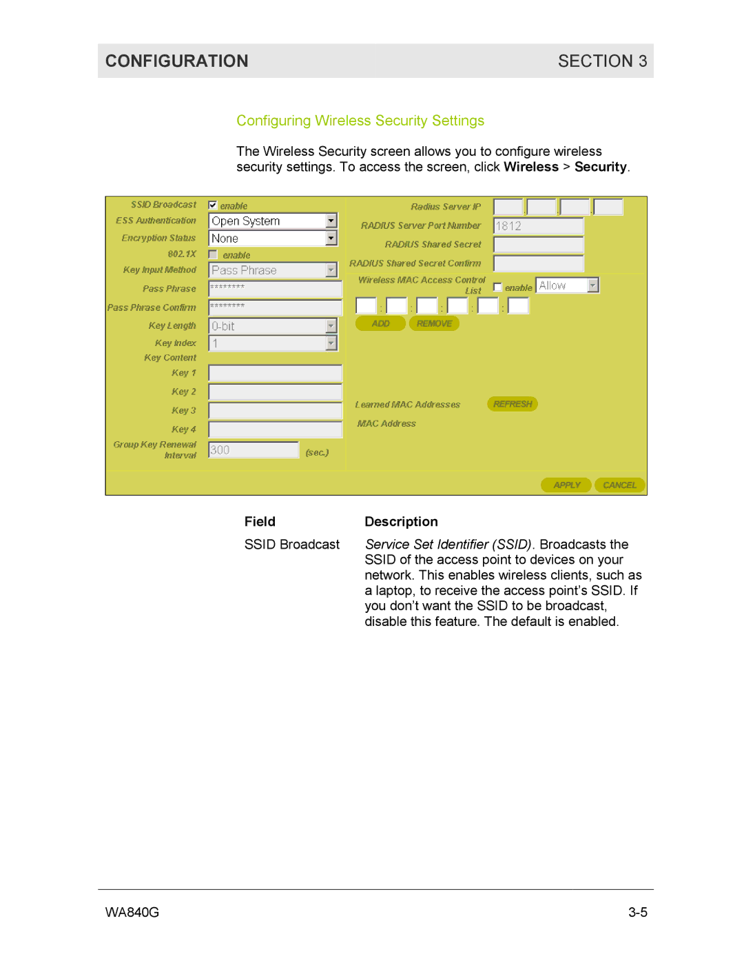 Motorola WA840G manual Configuring Wireless Security Settings, FieldDescription 