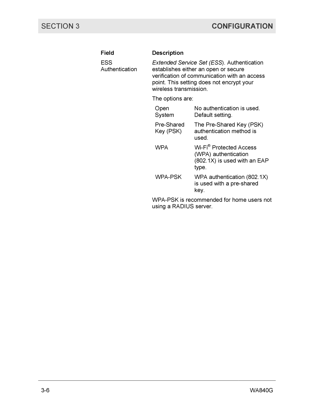 Motorola WA840G manual Field Description, Extended Service Set ESS . Authentication 