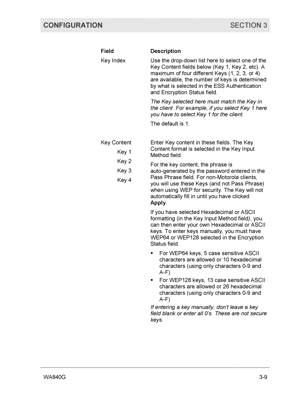 Motorola WA840G manual Configuration Section, Field 