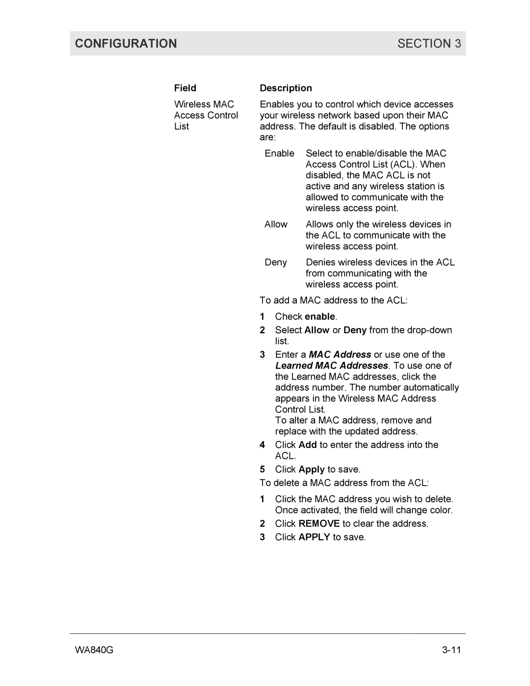 Motorola WA840G manual Configuration Section 