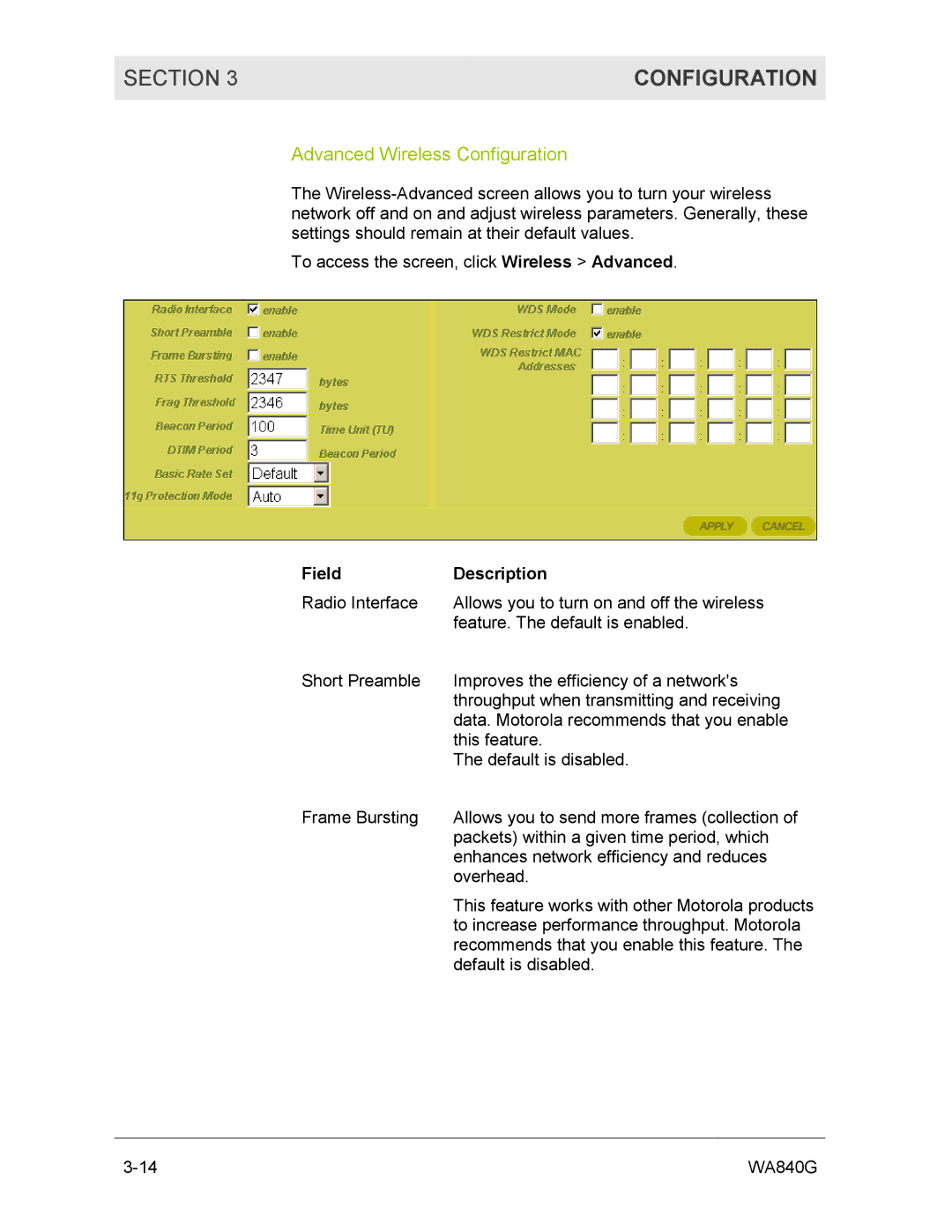 Motorola WA840G manual Advanced Wireless Configuration 