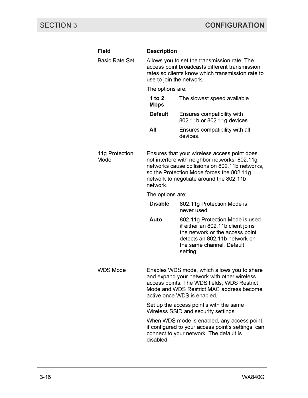 Motorola WA840G manual Mbps Default, All, Disable, Auto 