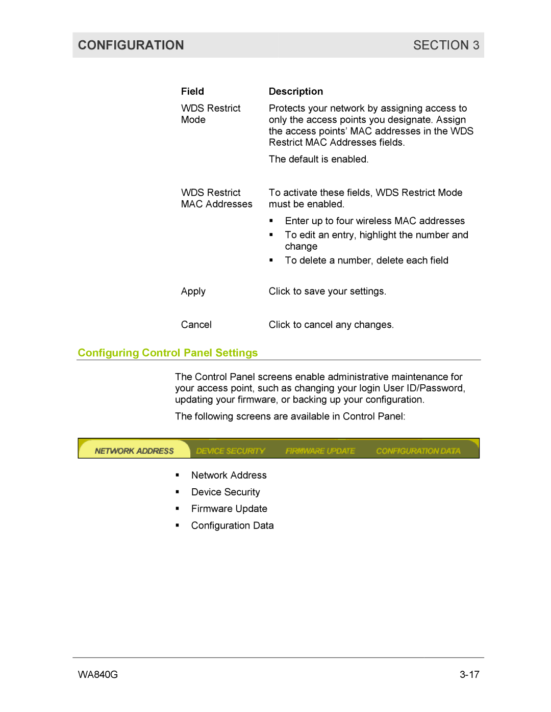 Motorola WA840G manual Configuring Control Panel Settings 