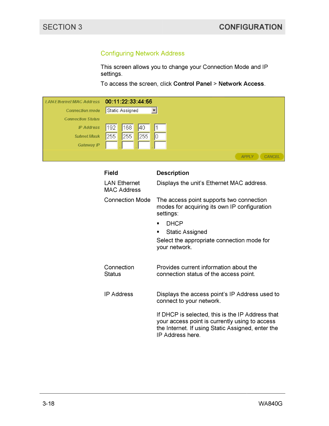 Motorola WA840G manual Configuring Network Address, Dhcp 