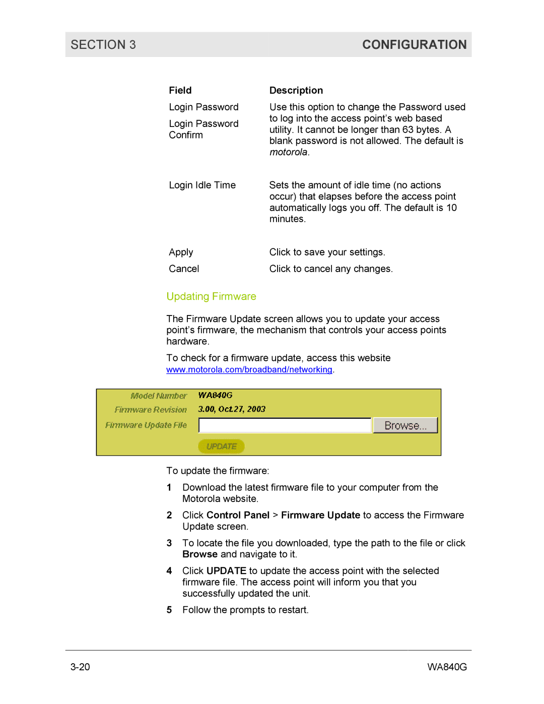 Motorola WA840G manual Updating Firmware, Field 