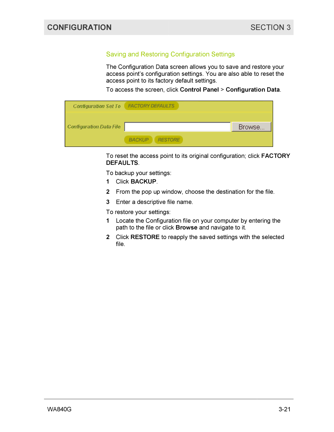 Motorola WA840G manual Saving and Restoring Configuration Settings, Defaults 