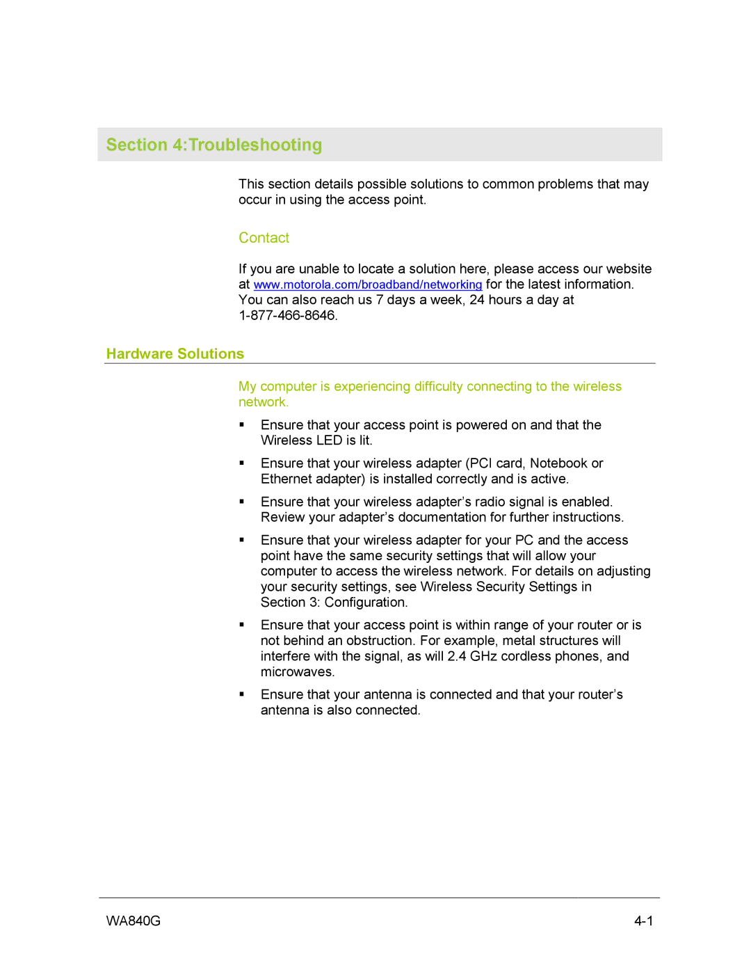 Motorola WA840G manual Contact, Hardware Solutions 