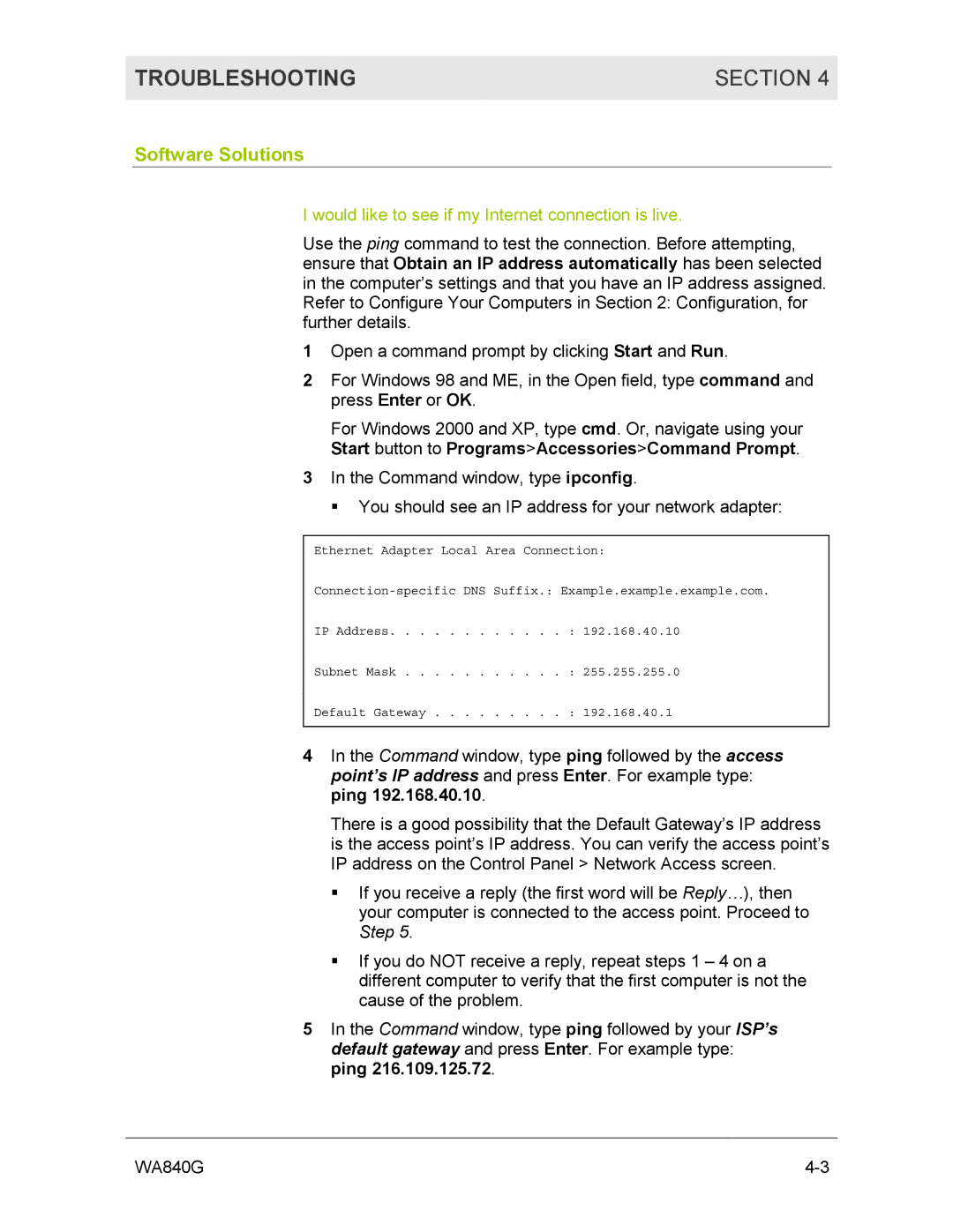 Motorola WA840G manual Troubleshooting Section, Software Solutions, Start button to ProgramsAccessoriesCommand Prompt 