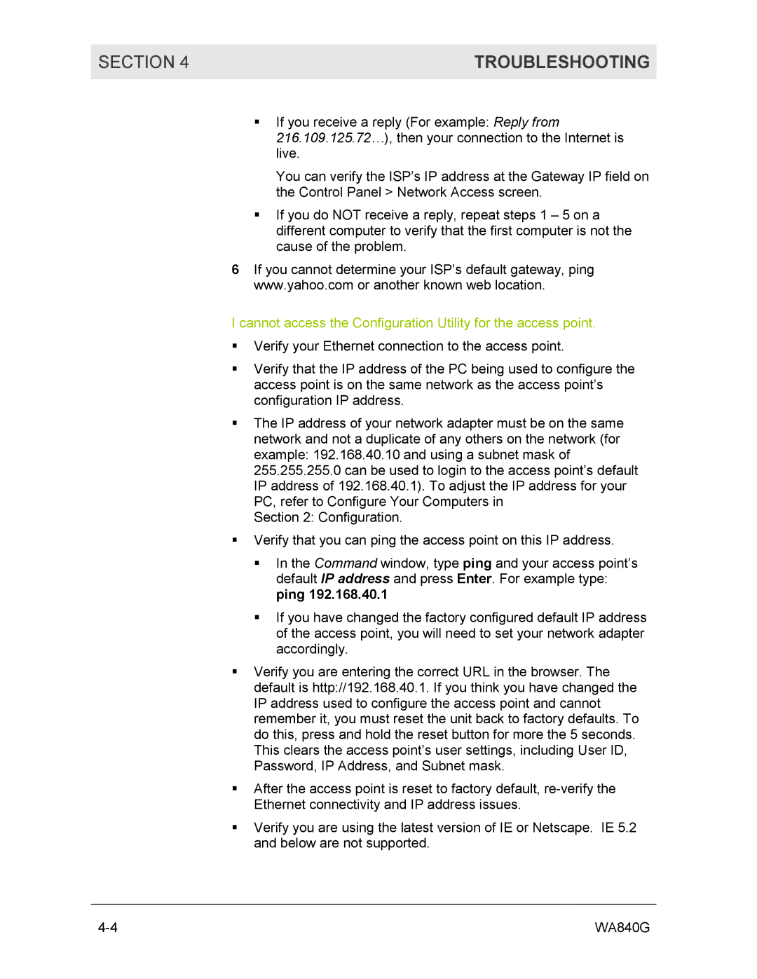 Motorola WA840G manual Cannot access the Configuration Utility for the access point 