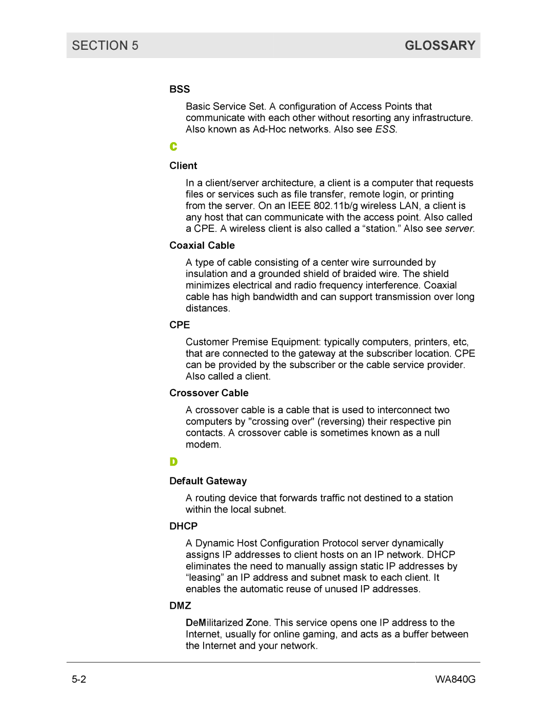 Motorola WA840G manual Glossary, Bss, Cpe, Dhcp, Dmz 