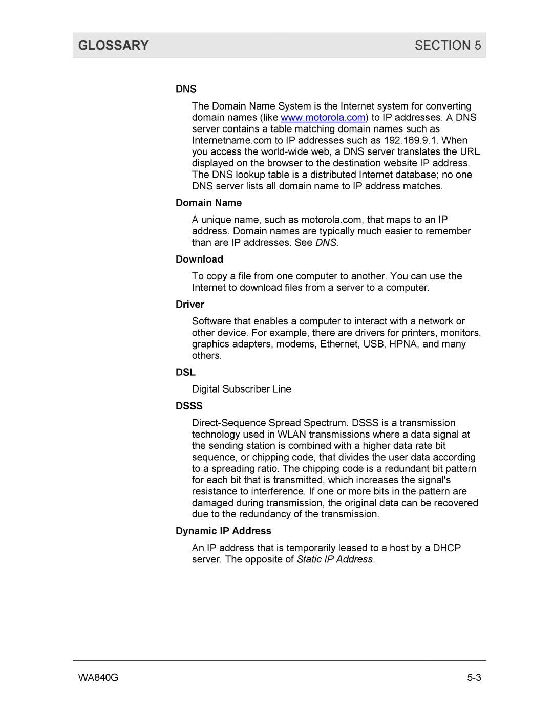 Motorola WA840G manual Glossary Section, Dns, Dsl, Dsss 