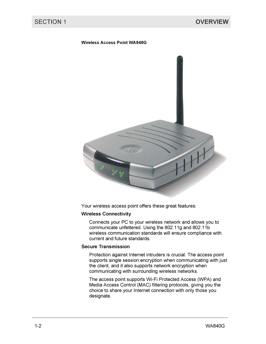 Motorola WA840G manual Overview, Wireless Connectivity, Secure Transmission 