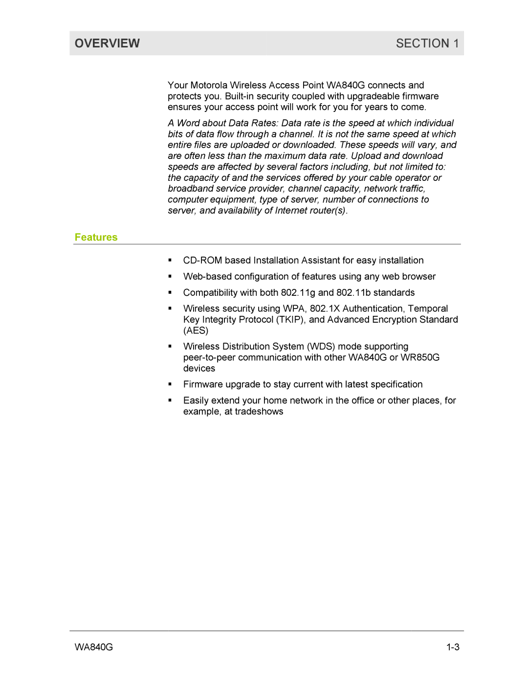 Motorola WA840G manual Overview Section, Features 